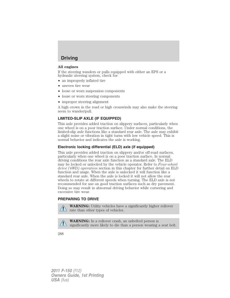 Limited-slip axle (if equipped), Preparing to drive, Driving | FORD 2011 F-150 v.1 User Manual | Page 288 / 461