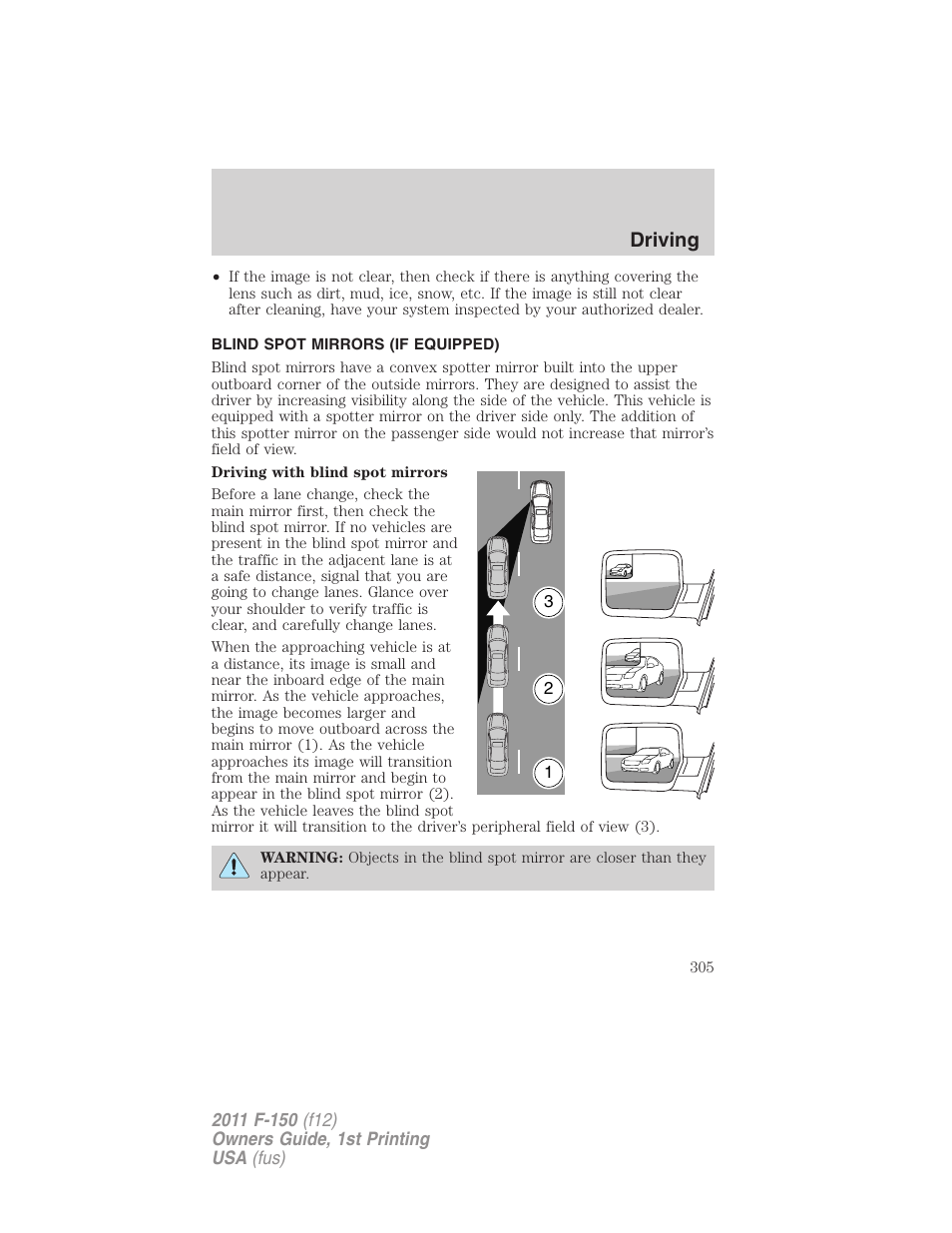 Blind spot mirrors (if equipped), Driving | FORD 2011 F-150 v.1 User Manual | Page 305 / 461