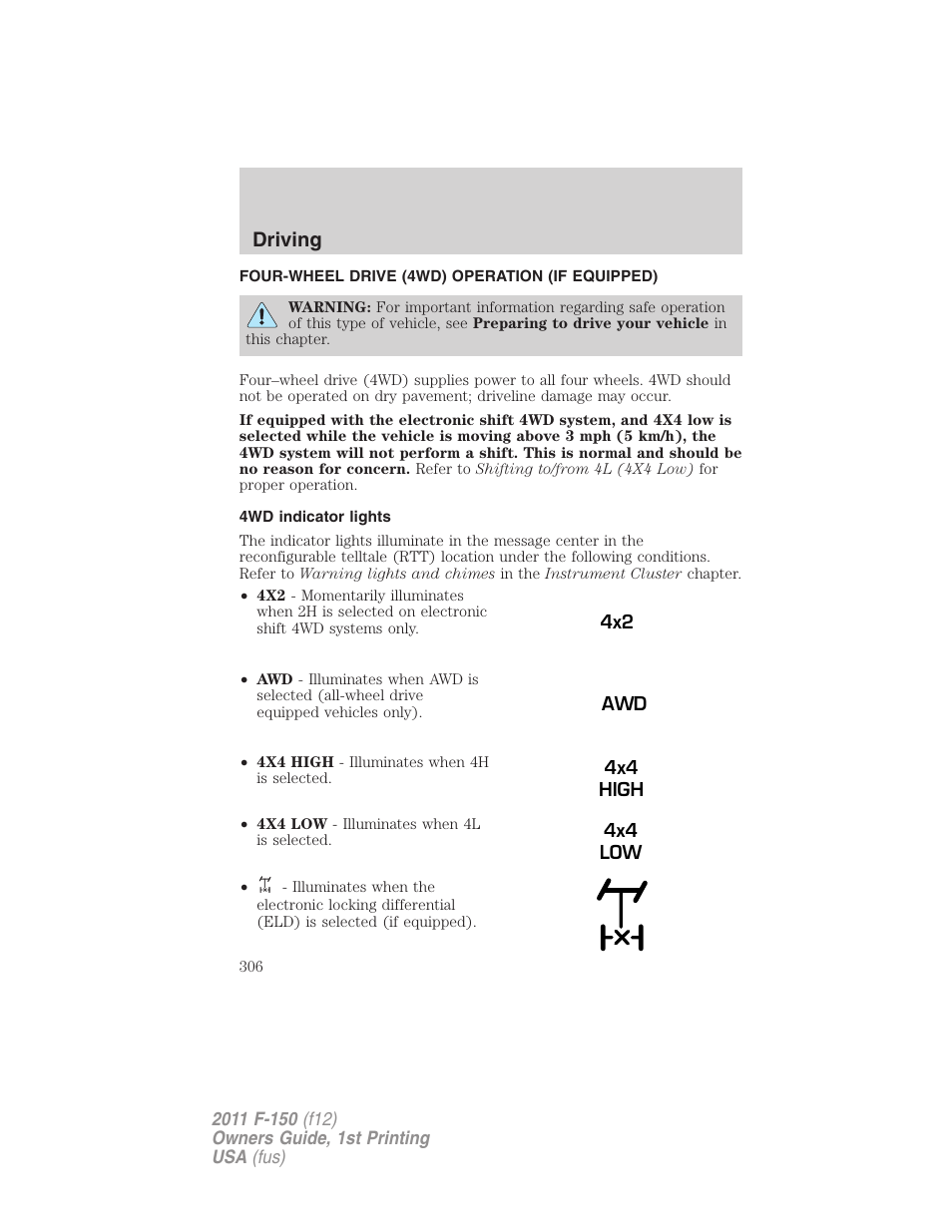 Four-wheel drive (4wd) operation (if equipped), 4wd indicator lights, Driving | FORD 2011 F-150 v.1 User Manual | Page 306 / 461