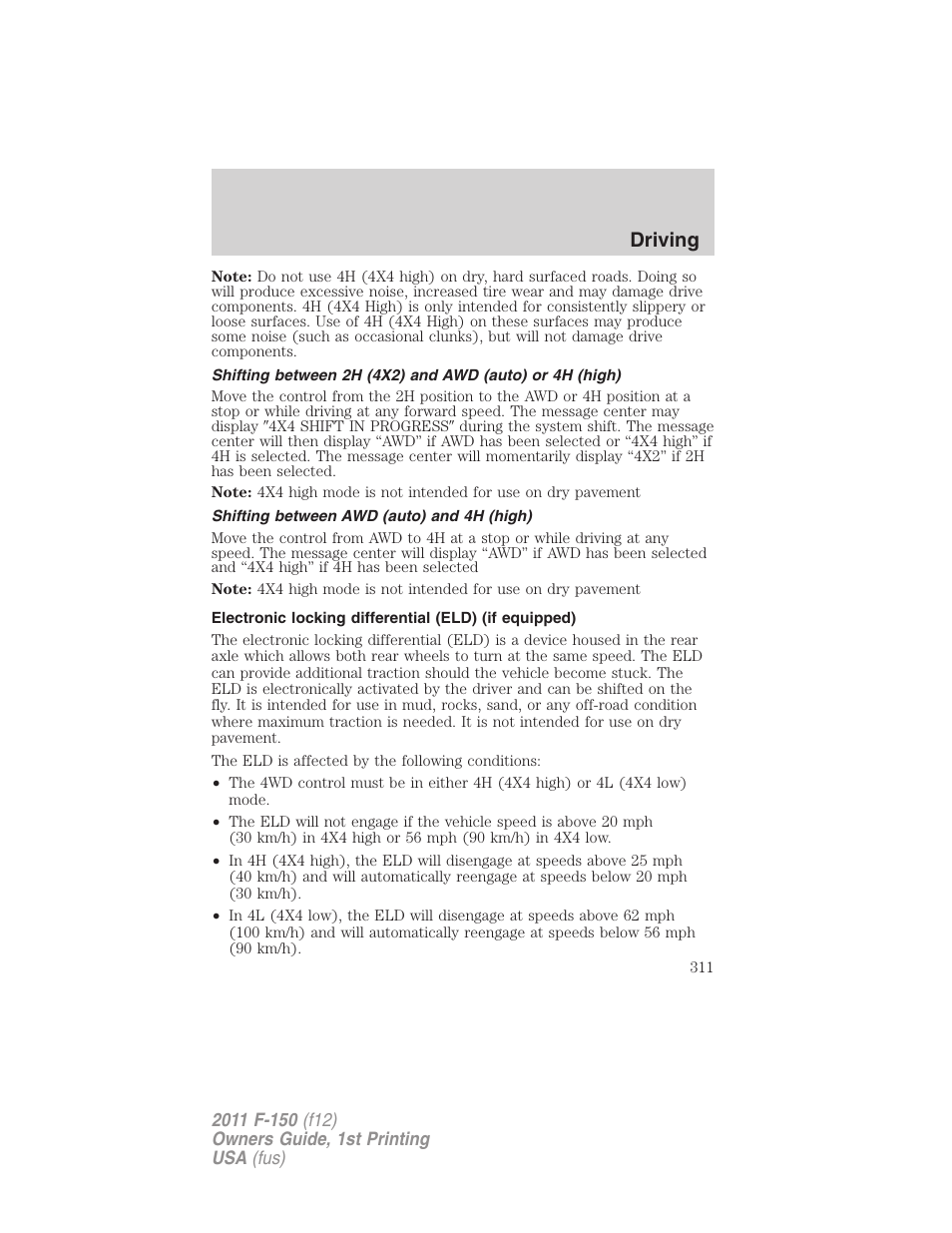 Shifting between awd (auto) and 4h (high), Driving | FORD 2011 F-150 v.1 User Manual | Page 311 / 461