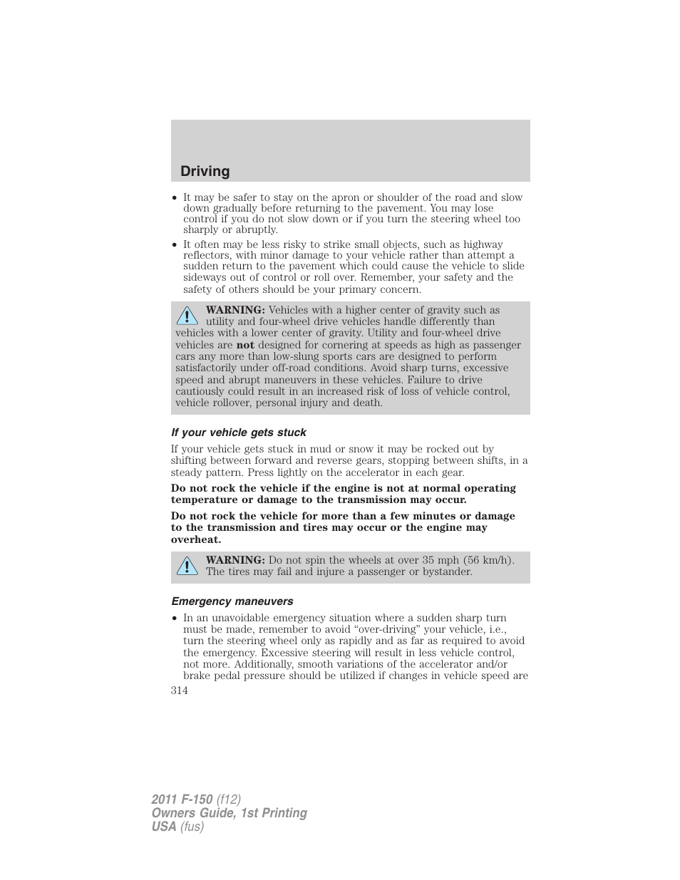 If your vehicle gets stuck, Emergency maneuvers, Driving | FORD 2011 F-150 v.1 User Manual | Page 314 / 461