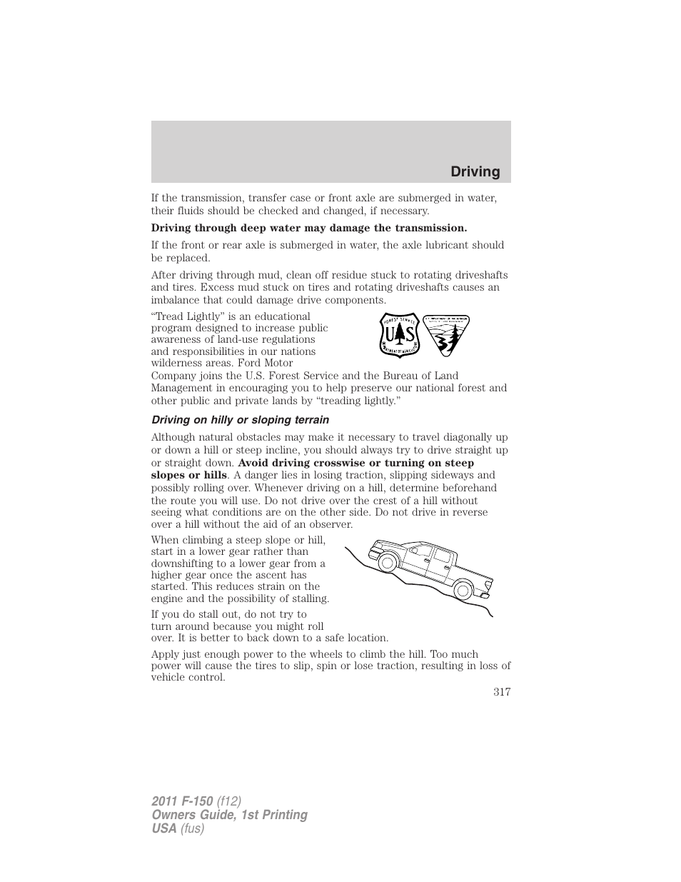 Driving on hilly or sloping terrain, Driving | FORD 2011 F-150 v.1 User Manual | Page 317 / 461