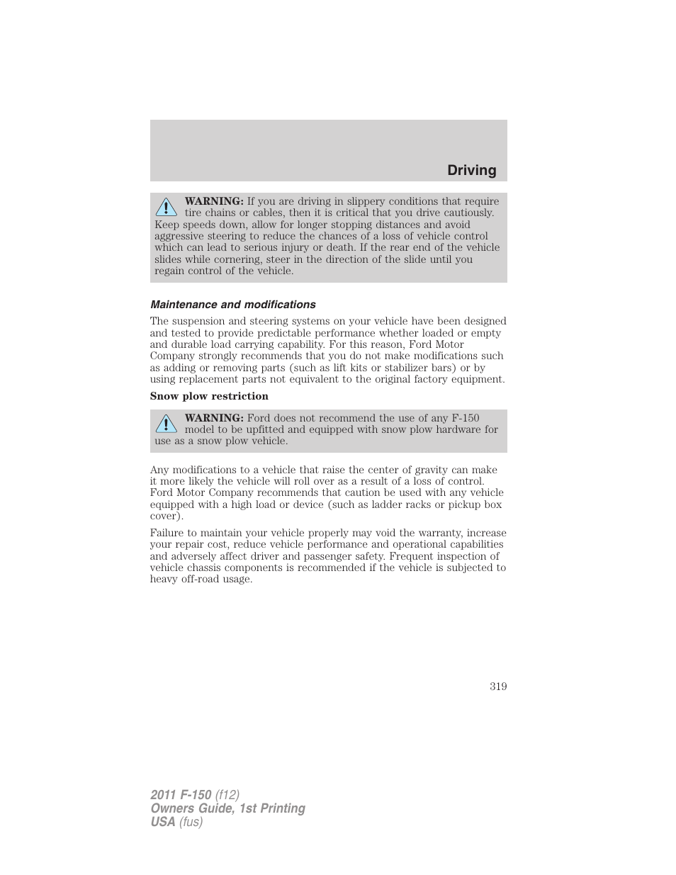 Maintenance and modifications, Driving | FORD 2011 F-150 v.1 User Manual | Page 319 / 461