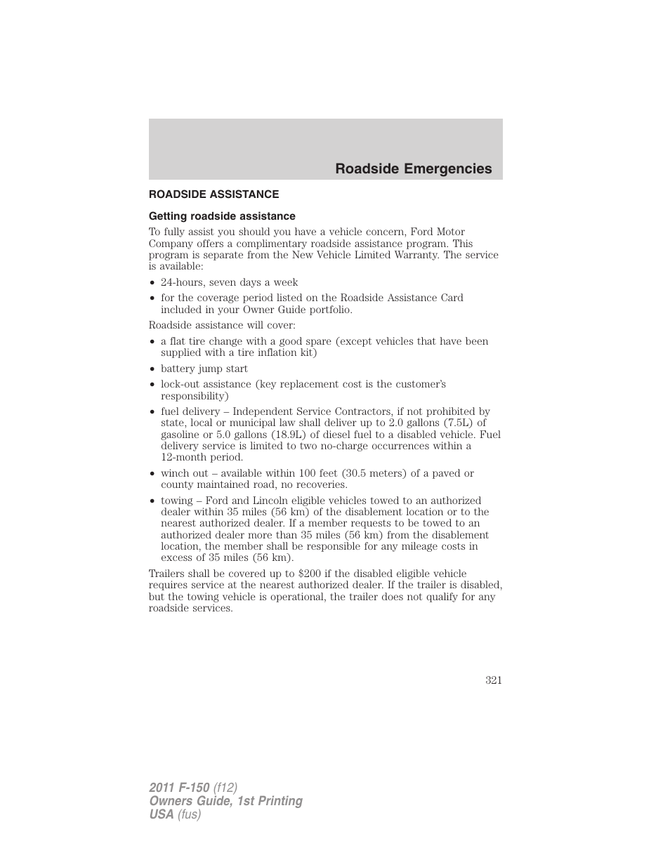 Roadside emergencies, Roadside assistance, Getting roadside assistance | FORD 2011 F-150 v.1 User Manual | Page 321 / 461