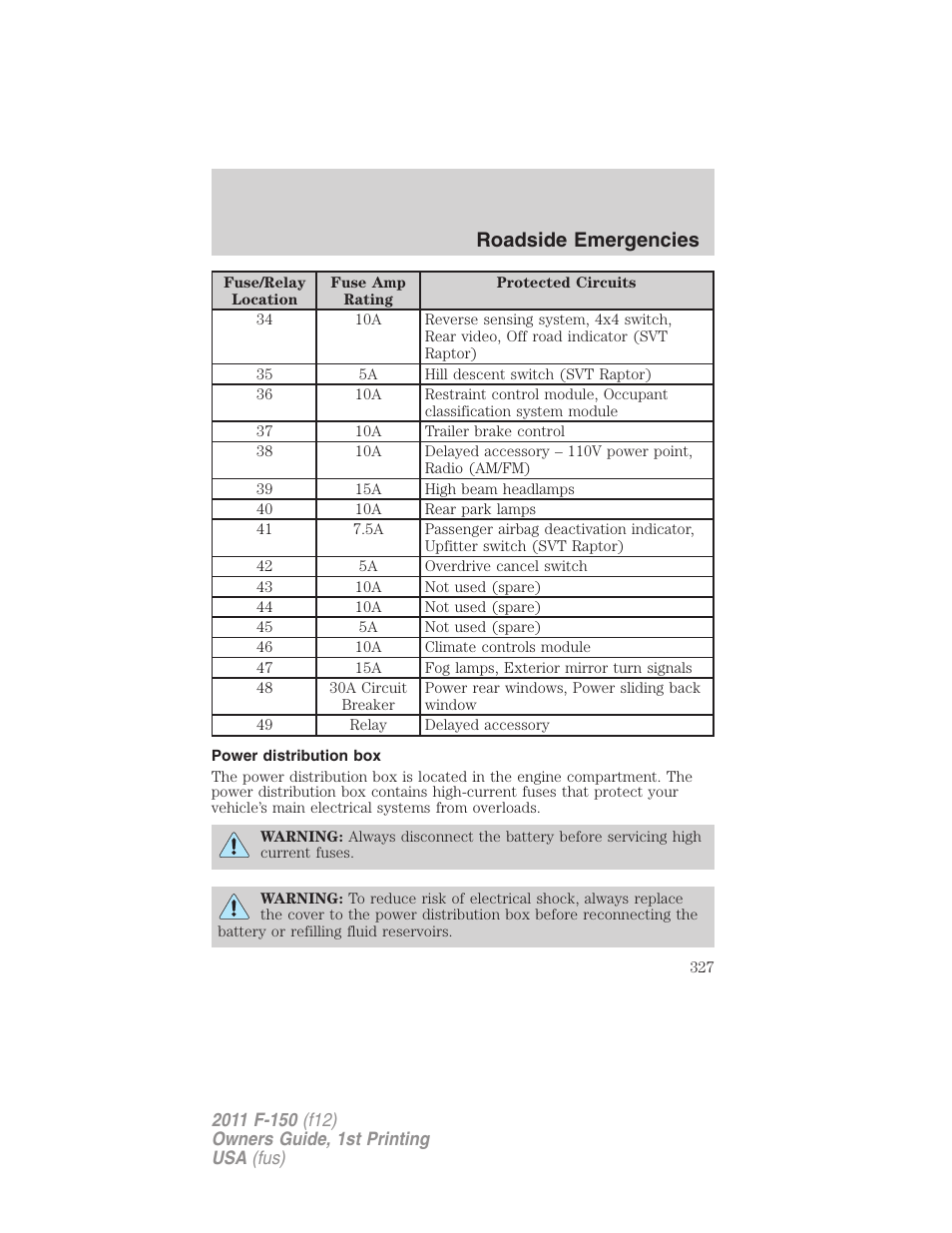 Power distribution box, Roadside emergencies | FORD 2011 F-150 v.1 User Manual | Page 327 / 461