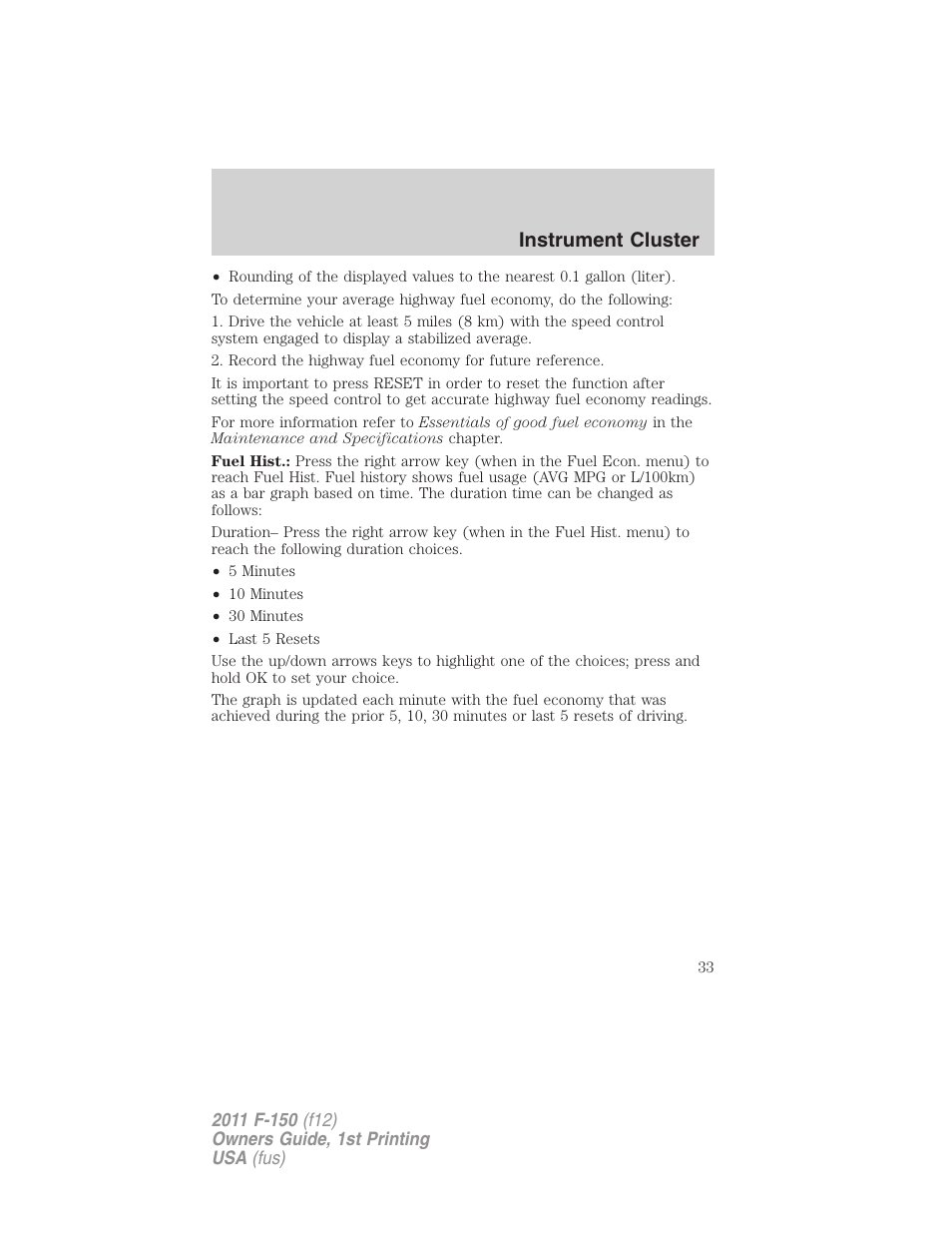 Instrument cluster | FORD 2011 F-150 v.1 User Manual | Page 33 / 461