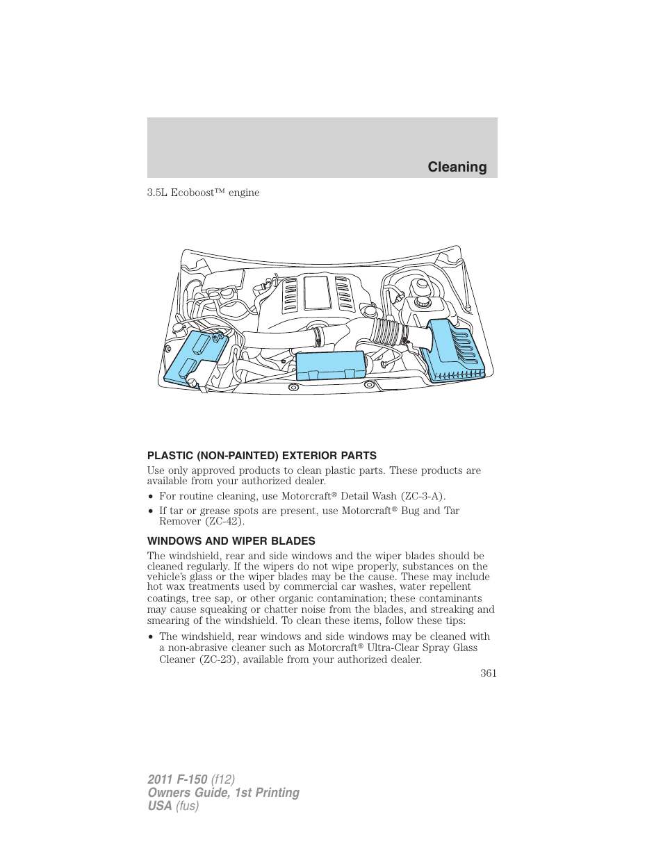 Plastic (non-painted) exterior parts, Windows and wiper blades, Cleaning | FORD 2011 F-150 v.1 User Manual | Page 361 / 461
