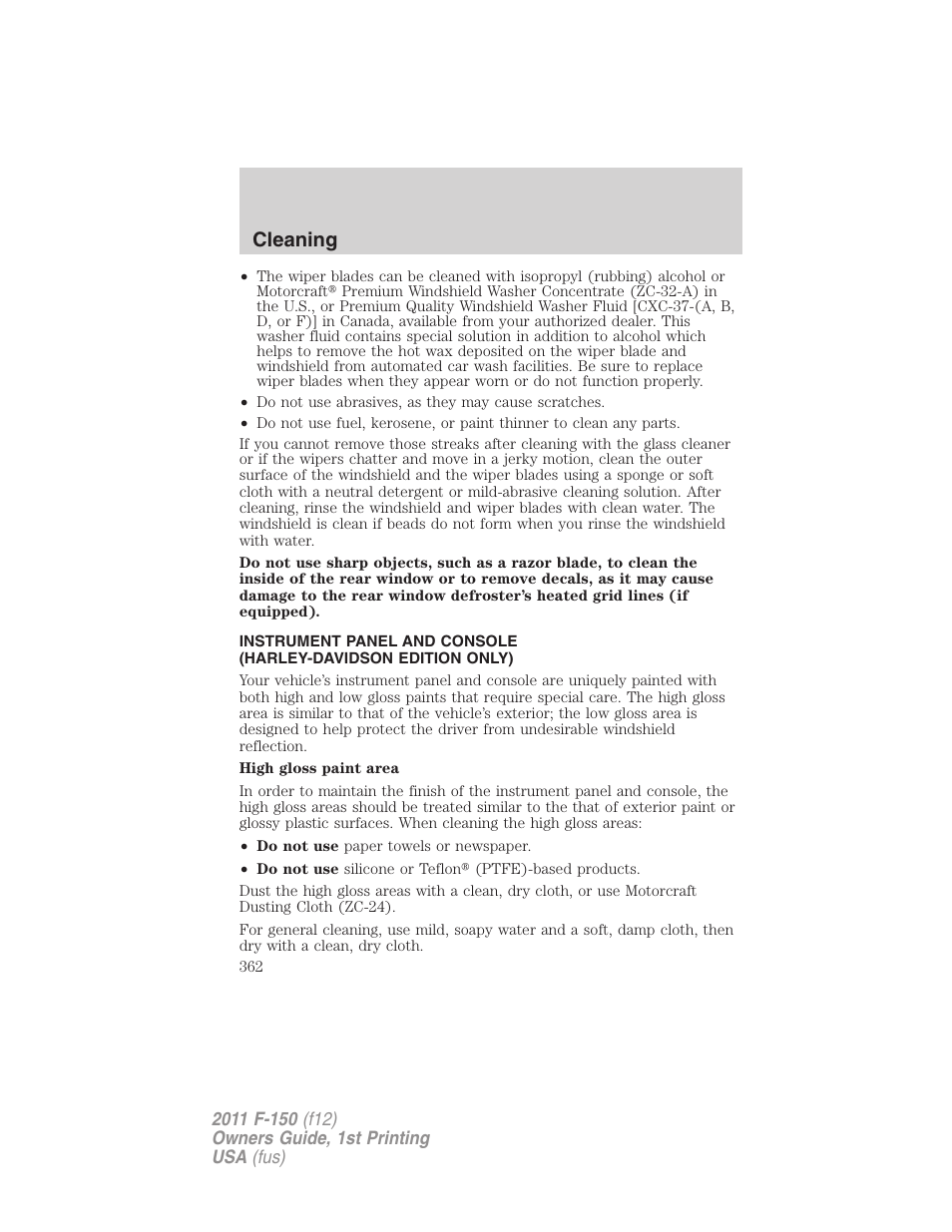 Cleaning | FORD 2011 F-150 v.1 User Manual | Page 362 / 461