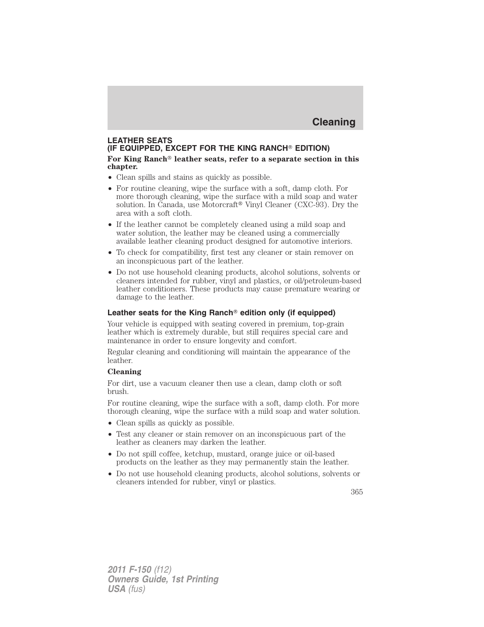 Cleaning | FORD 2011 F-150 v.1 User Manual | Page 365 / 461