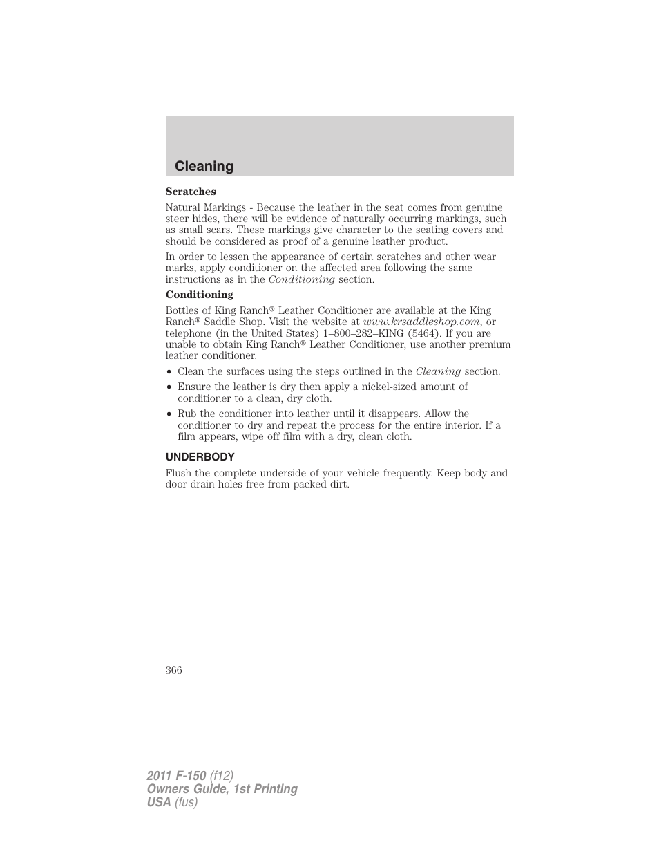 Underbody, Cleaning | FORD 2011 F-150 v.1 User Manual | Page 366 / 461