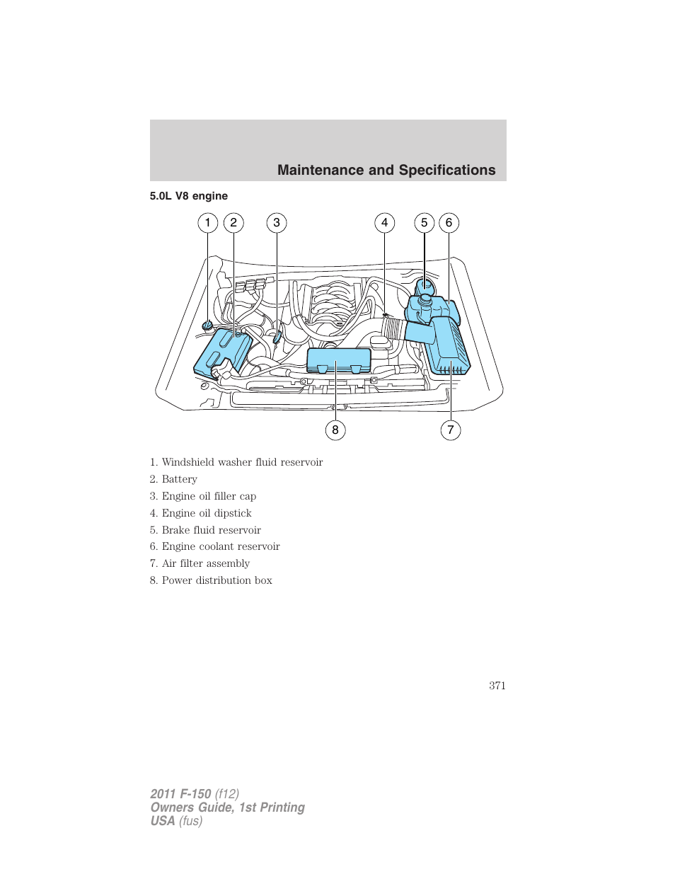 0l v8 engine, Maintenance and specifications | FORD 2011 F-150 v.1 User Manual | Page 371 / 461