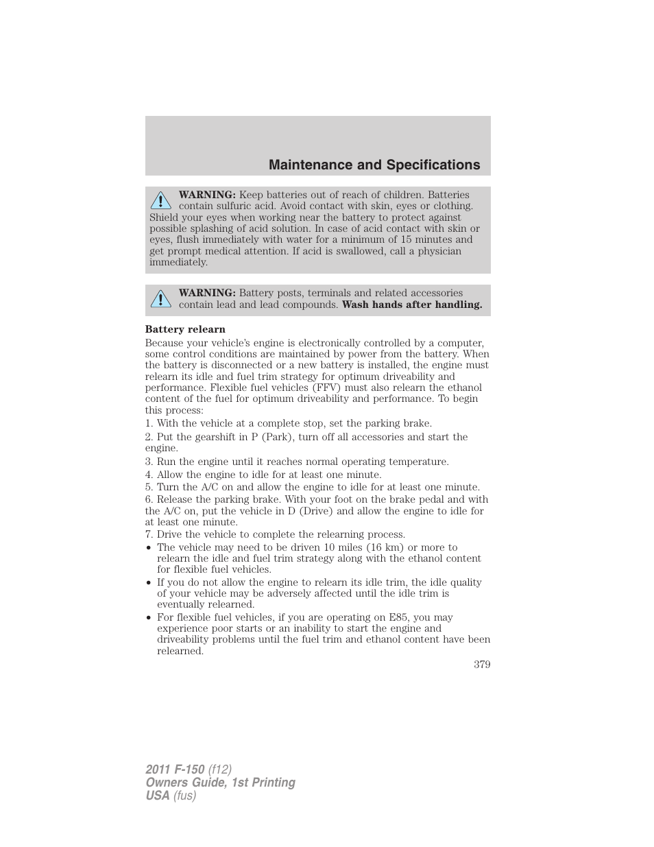 Maintenance and specifications | FORD 2011 F-150 v.1 User Manual | Page 379 / 461