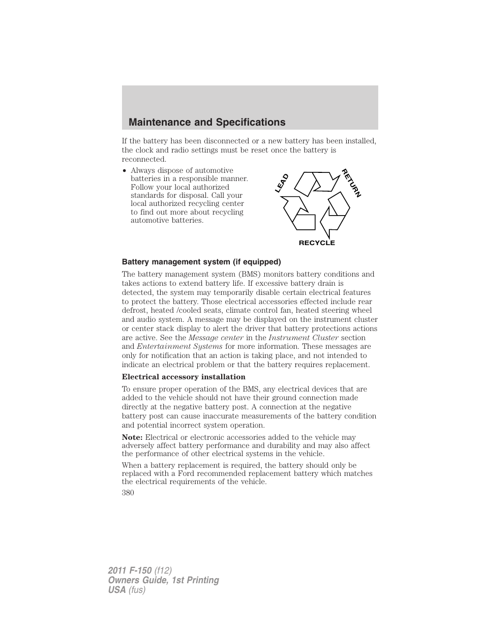 Battery management system (if equipped), Maintenance and specifications | FORD 2011 F-150 v.1 User Manual | Page 380 / 461