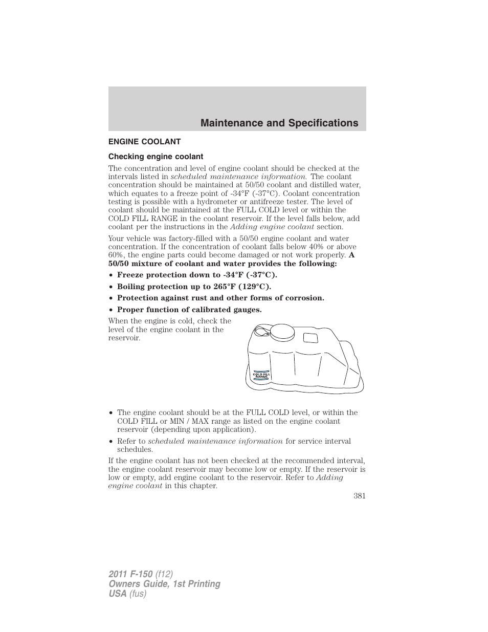 Engine coolant, Checking engine coolant, Maintenance and specifications | FORD 2011 F-150 v.1 User Manual | Page 381 / 461