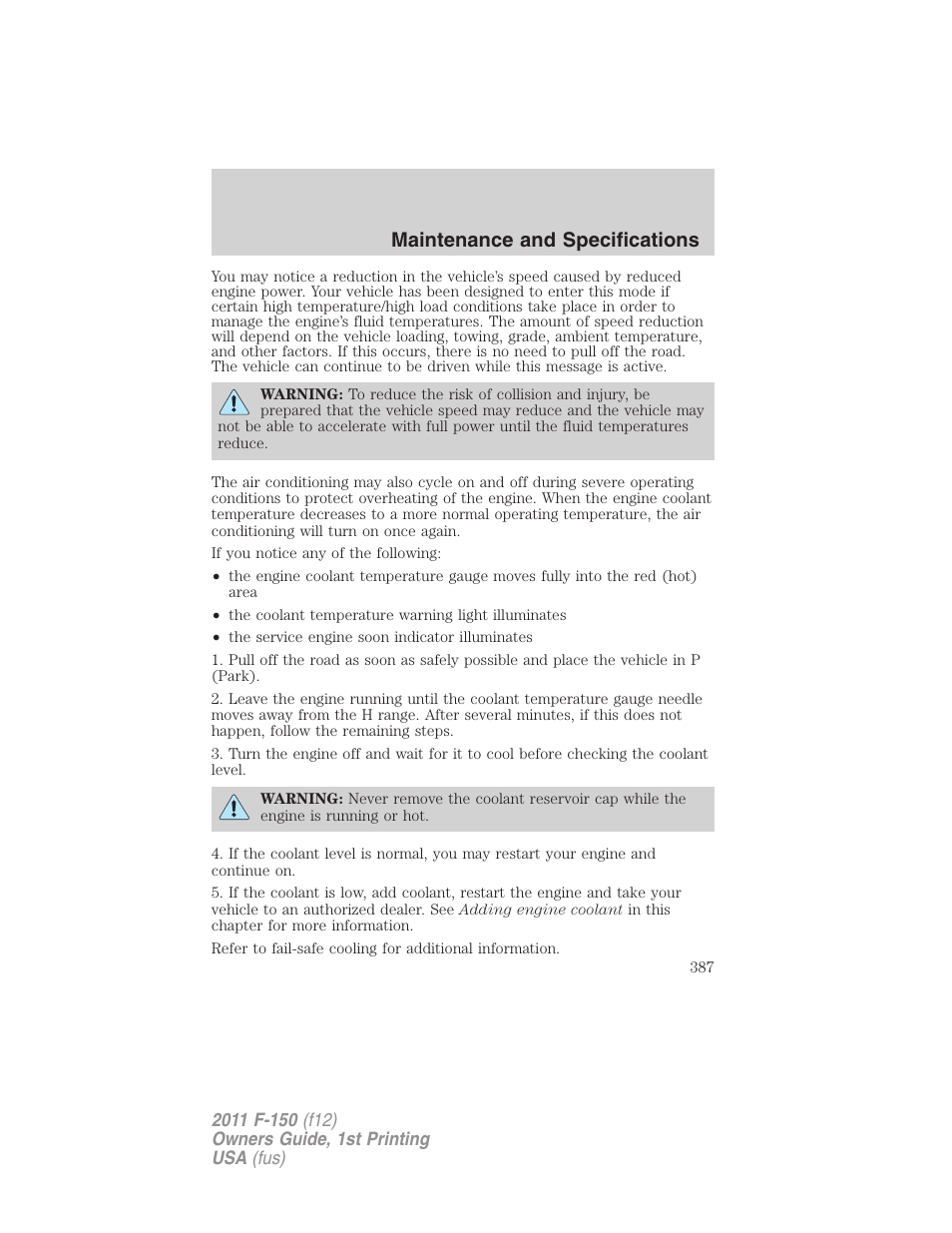 Maintenance and specifications | FORD 2011 F-150 v.1 User Manual | Page 387 / 461