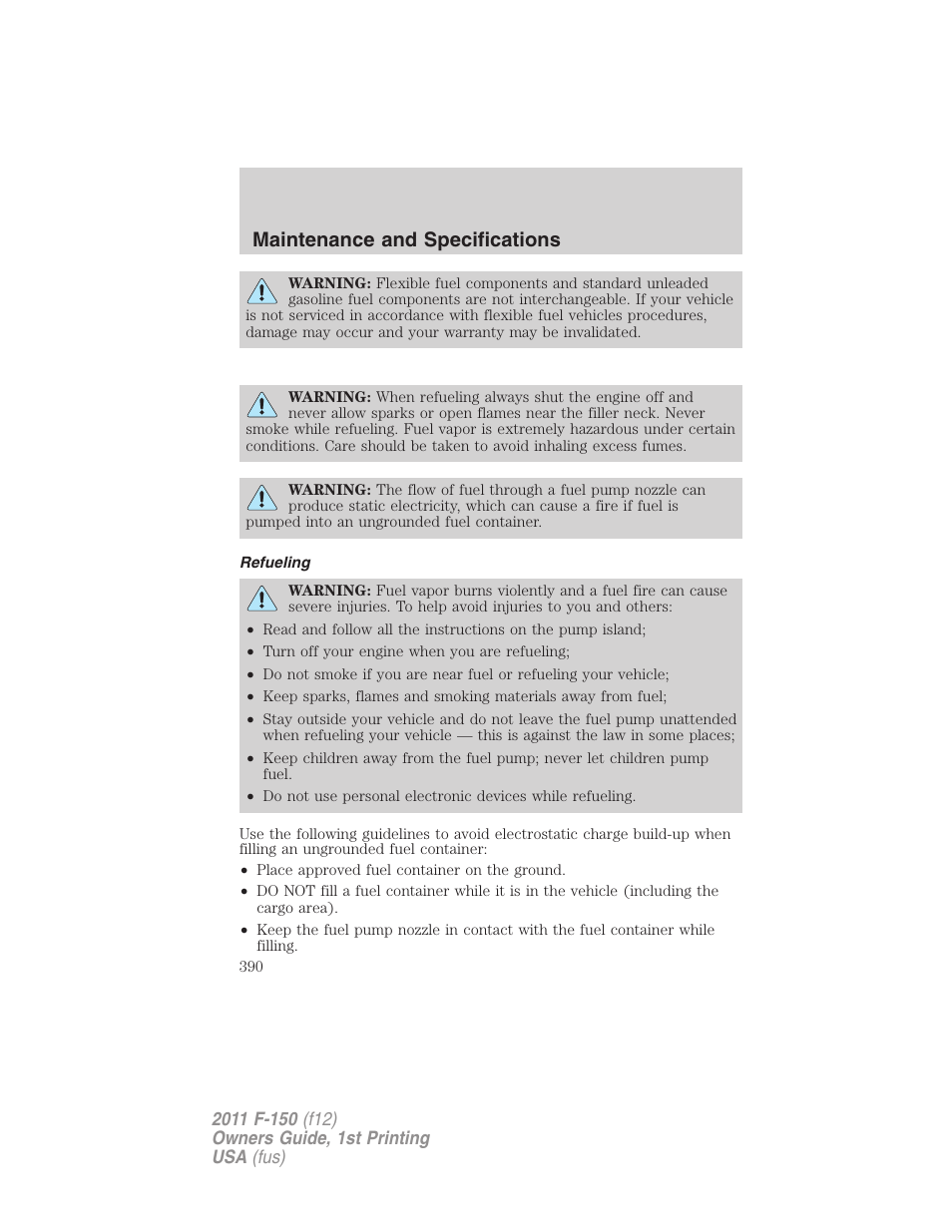 Refueling, Maintenance and specifications | FORD 2011 F-150 v.1 User Manual | Page 390 / 461