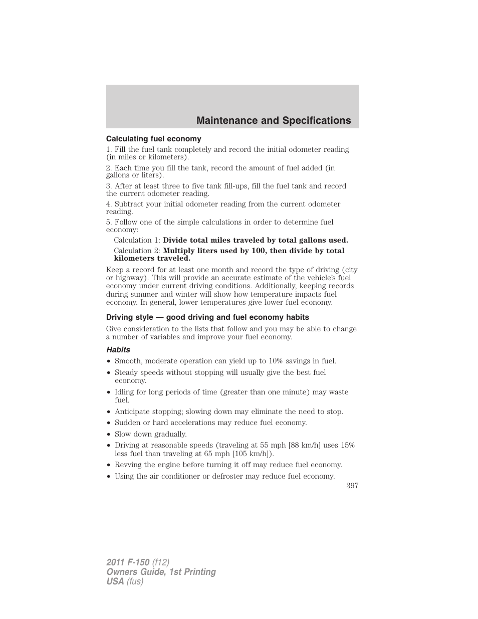 Calculating fuel economy, Habits, Maintenance and specifications | FORD 2011 F-150 v.1 User Manual | Page 397 / 461