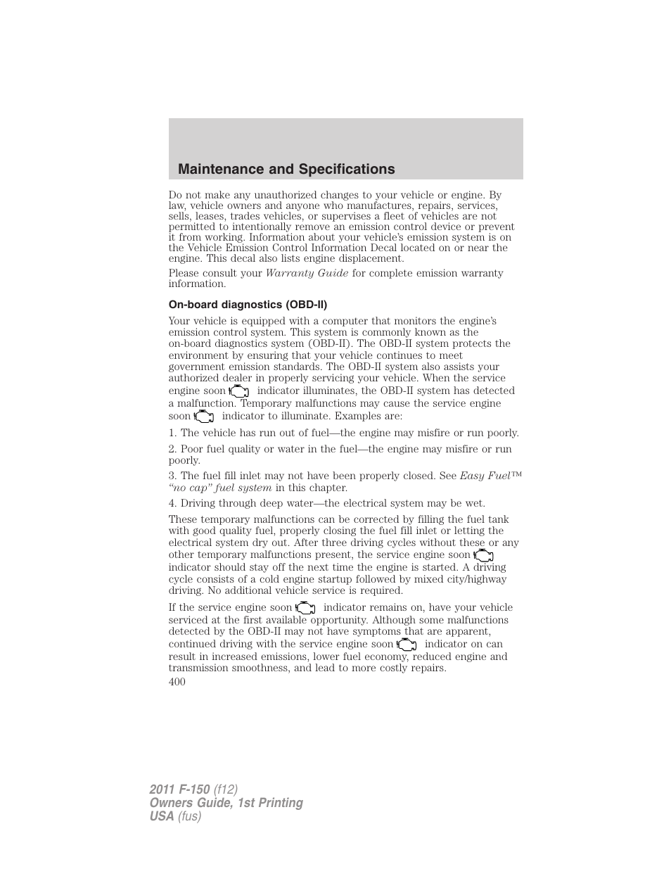 On-board diagnostics (obd-ii), Maintenance and specifications | FORD 2011 F-150 v.1 User Manual | Page 400 / 461