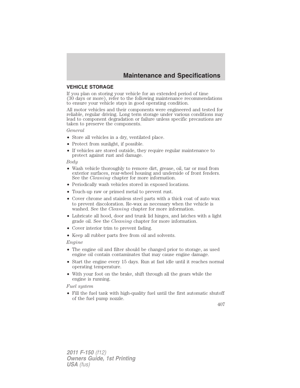 Vehicle storage, Maintenance and specifications | FORD 2011 F-150 v.1 User Manual | Page 407 / 461