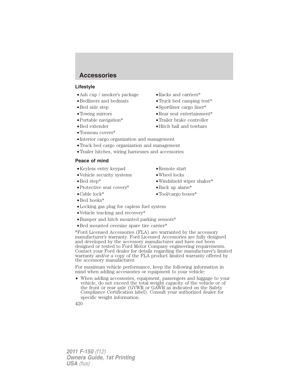 Lifestyle, Peace of mind, Accessories | FORD 2011 F-150 v.1 User Manual | Page 420 / 461
