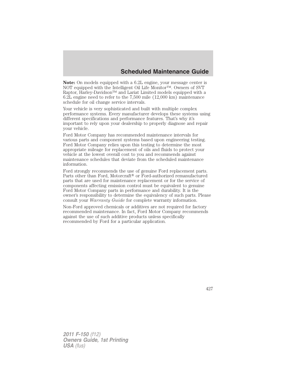 Scheduled maintenance guide | FORD 2011 F-150 v.1 User Manual | Page 427 / 461