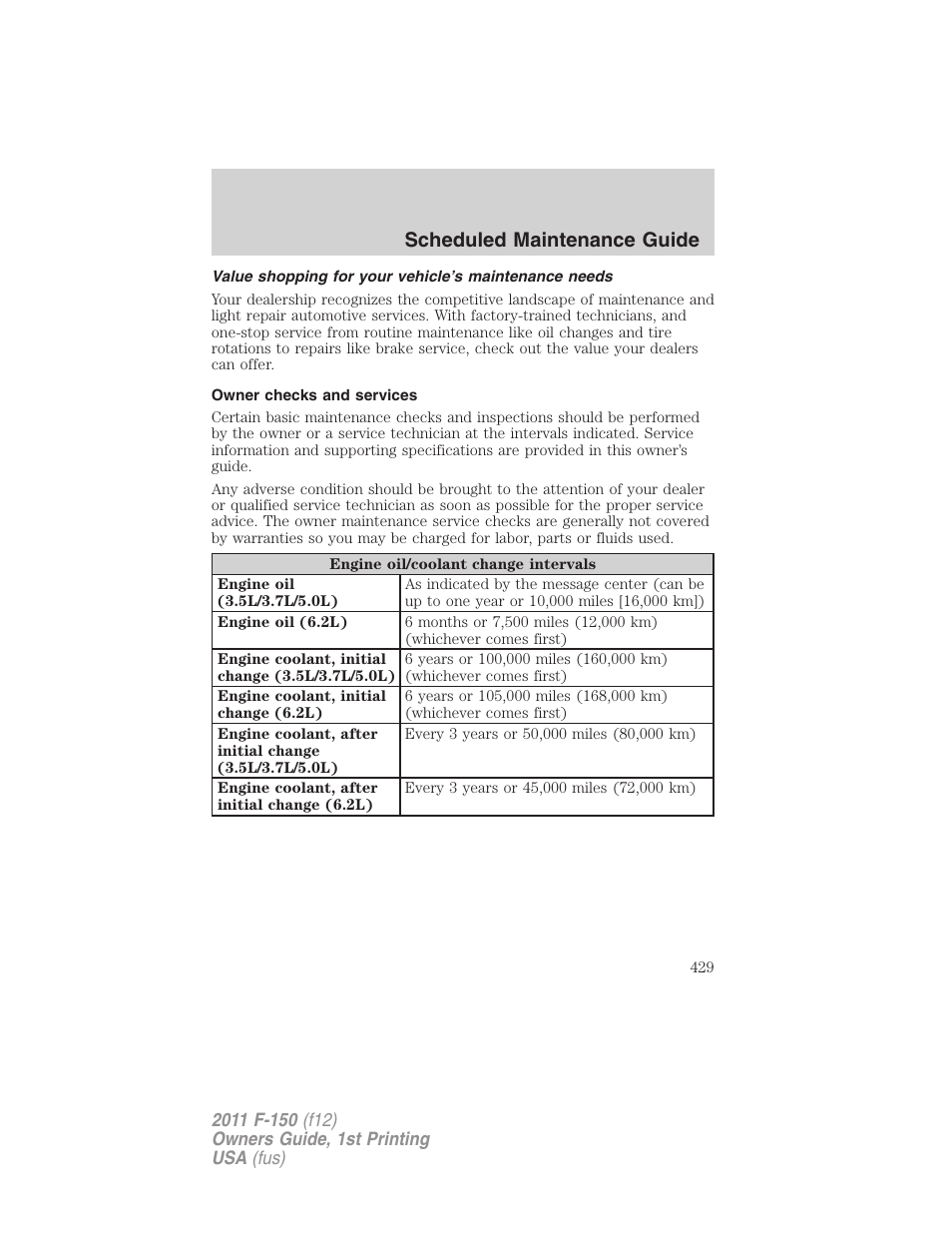 Owner checks and services, Scheduled maintenance guide | FORD 2011 F-150 v.1 User Manual | Page 429 / 461