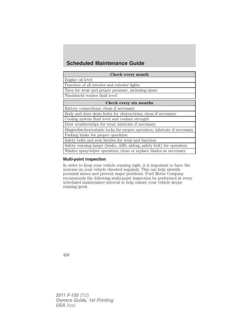 Multi-point inspection, Scheduled maintenance guide | FORD 2011 F-150 v.1 User Manual | Page 430 / 461