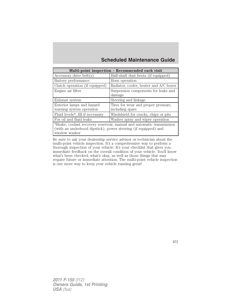 Scheduled maintenance guide | FORD 2011 F-150 v.1 User Manual | Page 431 / 461