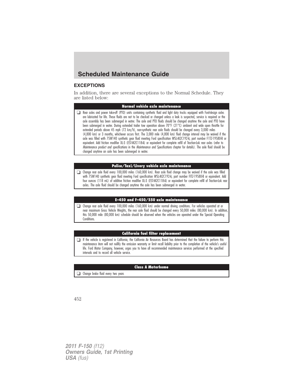 Exceptions, Scheduled maintenance guide | FORD 2011 F-150 v.1 User Manual | Page 452 / 461