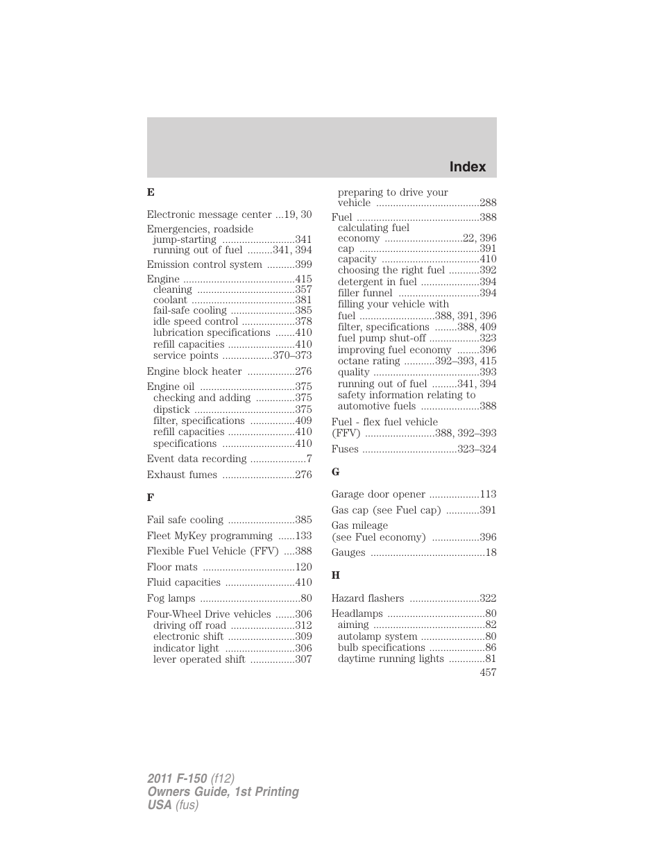 Index | FORD 2011 F-150 v.1 User Manual | Page 457 / 461