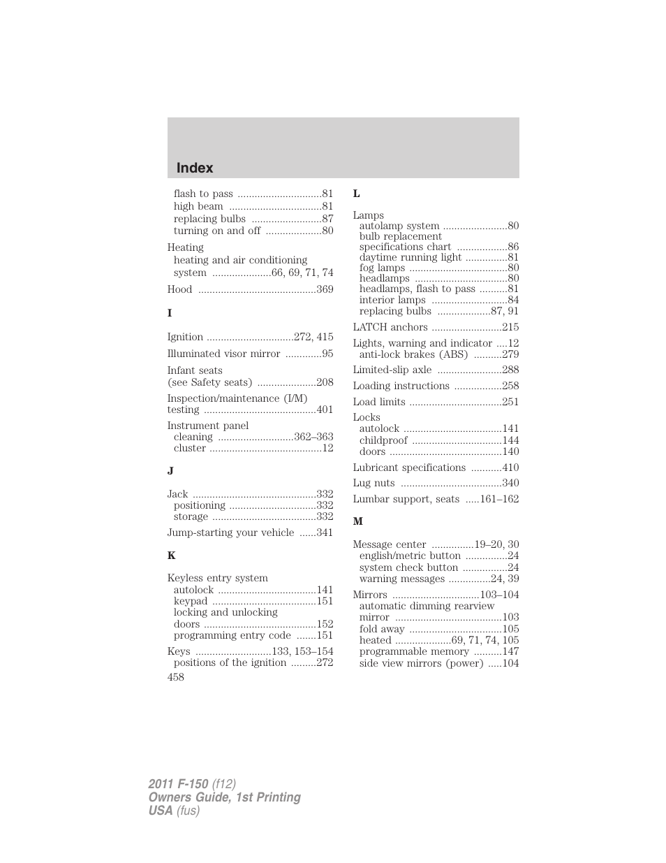 Index | FORD 2011 F-150 v.1 User Manual | Page 458 / 461