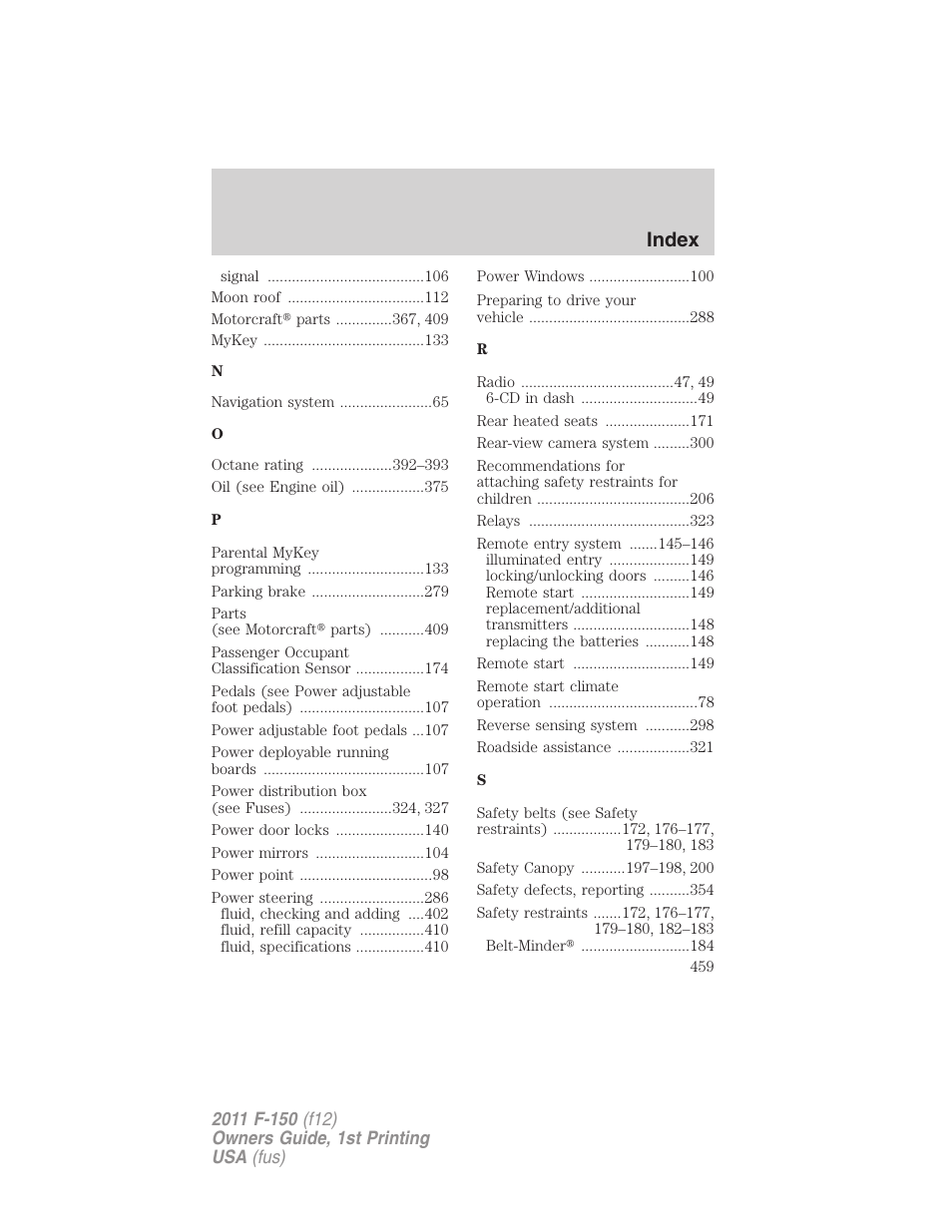 Index | FORD 2011 F-150 v.1 User Manual | Page 459 / 461
