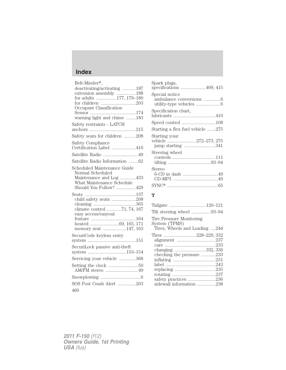 Index | FORD 2011 F-150 v.1 User Manual | Page 460 / 461