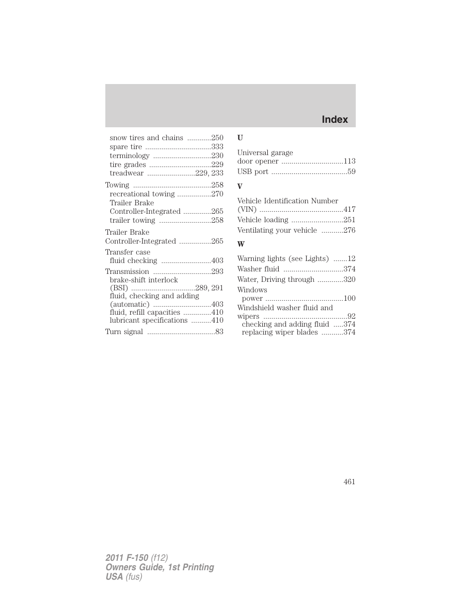 Index | FORD 2011 F-150 v.1 User Manual | Page 461 / 461