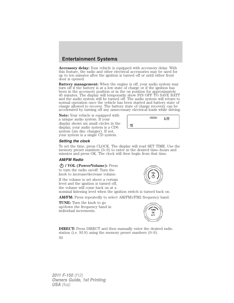 Setting the clock, Am/fm radio, Entertainment systems | FORD 2011 F-150 v.1 User Manual | Page 50 / 461