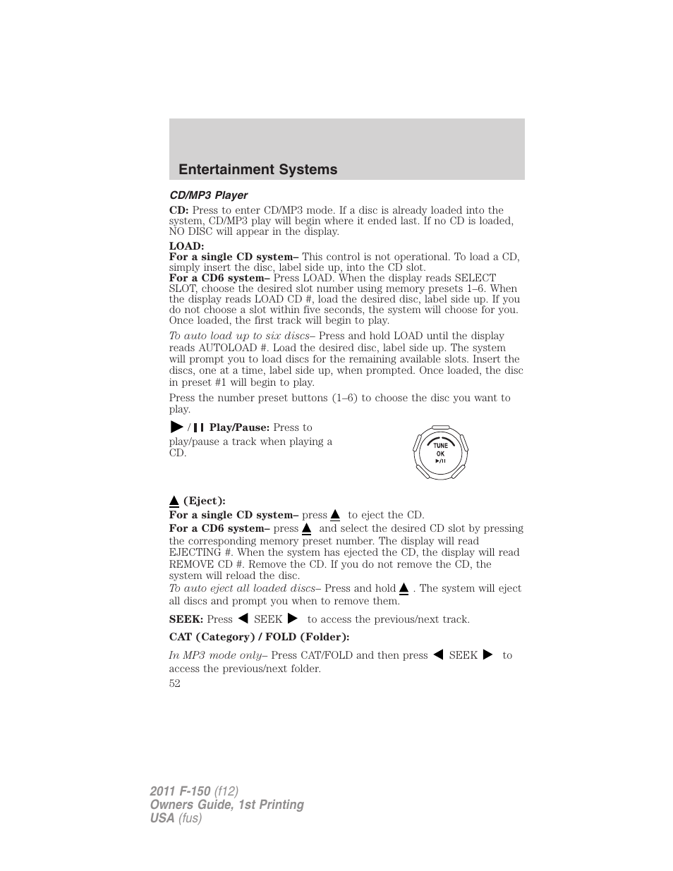 Cd/mp3 player, Entertainment systems | FORD 2011 F-150 v.1 User Manual | Page 52 / 461