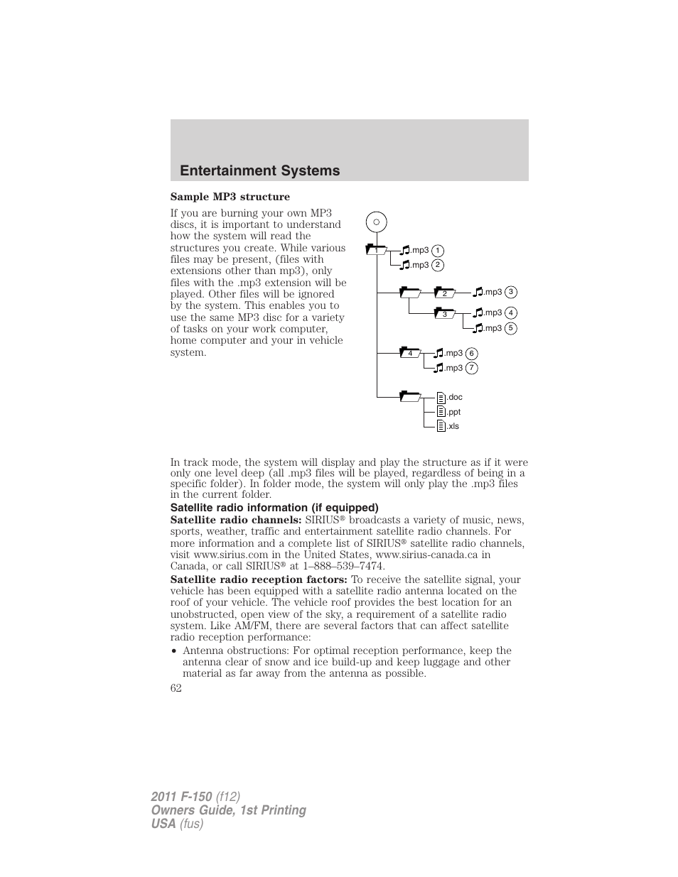 Satellite radio information (if equipped), Satellite radio information, Entertainment systems | FORD 2011 F-150 v.1 User Manual | Page 62 / 461