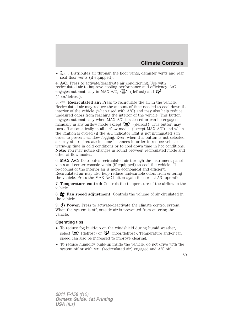 Operating tips, Climate controls | FORD 2011 F-150 v.1 User Manual | Page 67 / 461