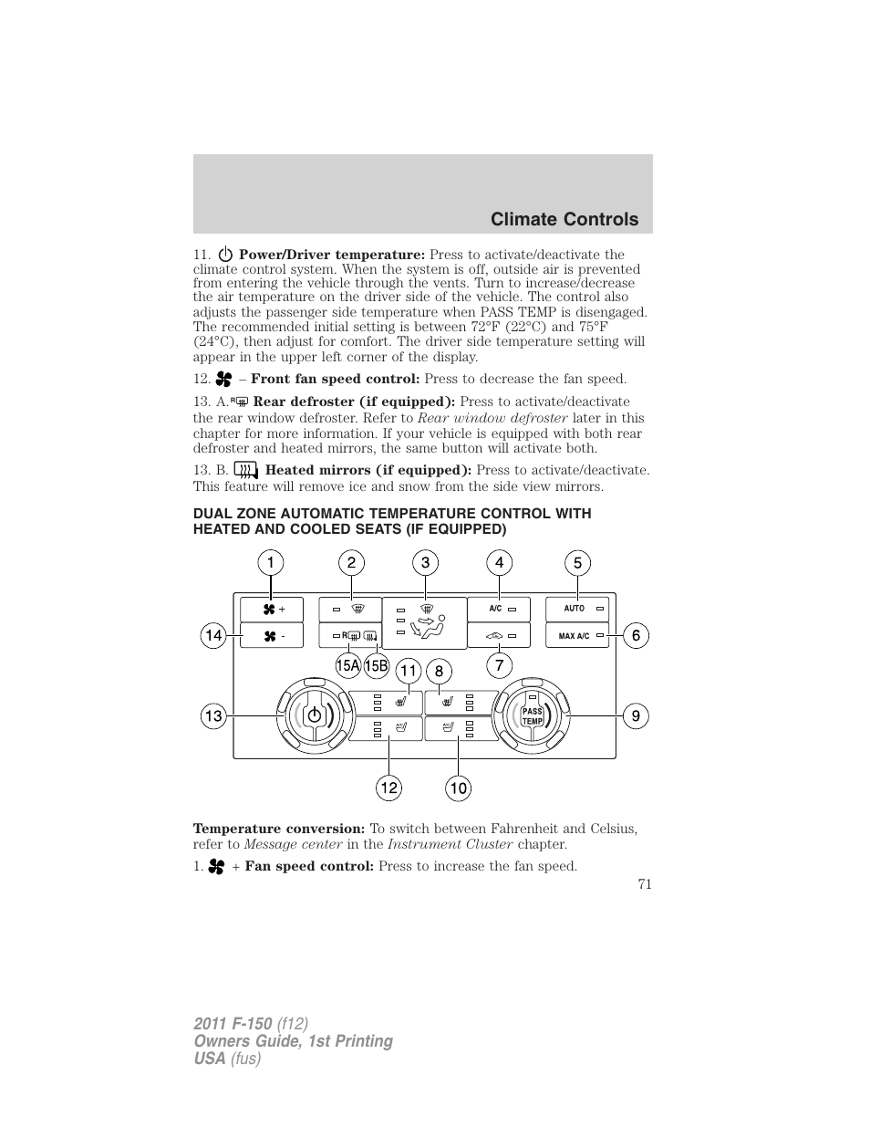 Climate controls | FORD 2011 F-150 v.1 User Manual | Page 71 / 461