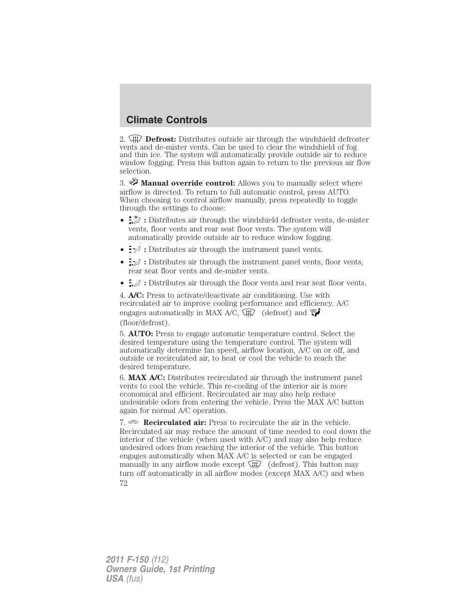 Climate controls | FORD 2011 F-150 v.1 User Manual | Page 72 / 461