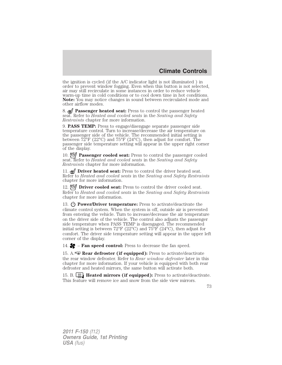 Climate controls | FORD 2011 F-150 v.1 User Manual | Page 73 / 461