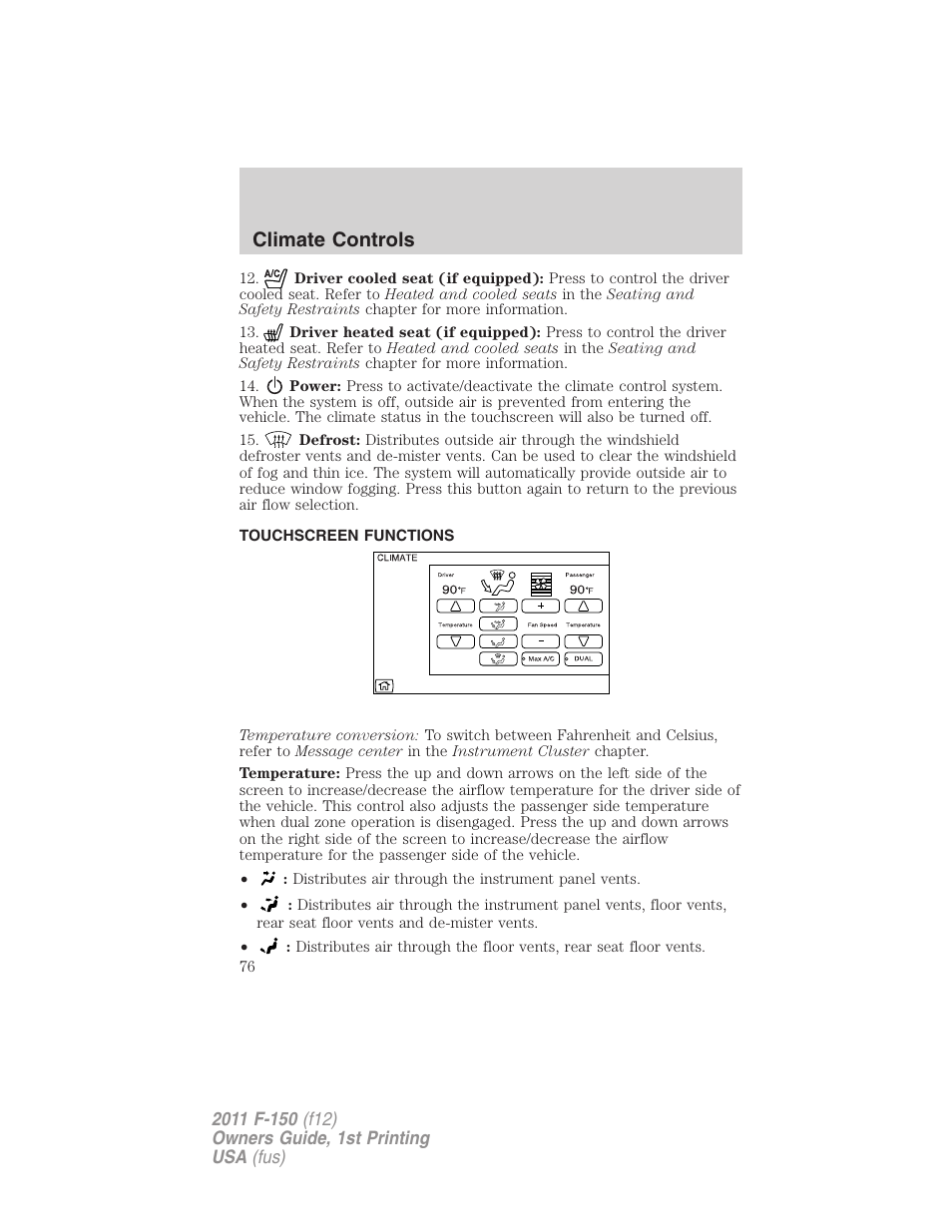 Touchscreen functions, Climate controls | FORD 2011 F-150 v.1 User Manual | Page 76 / 461
