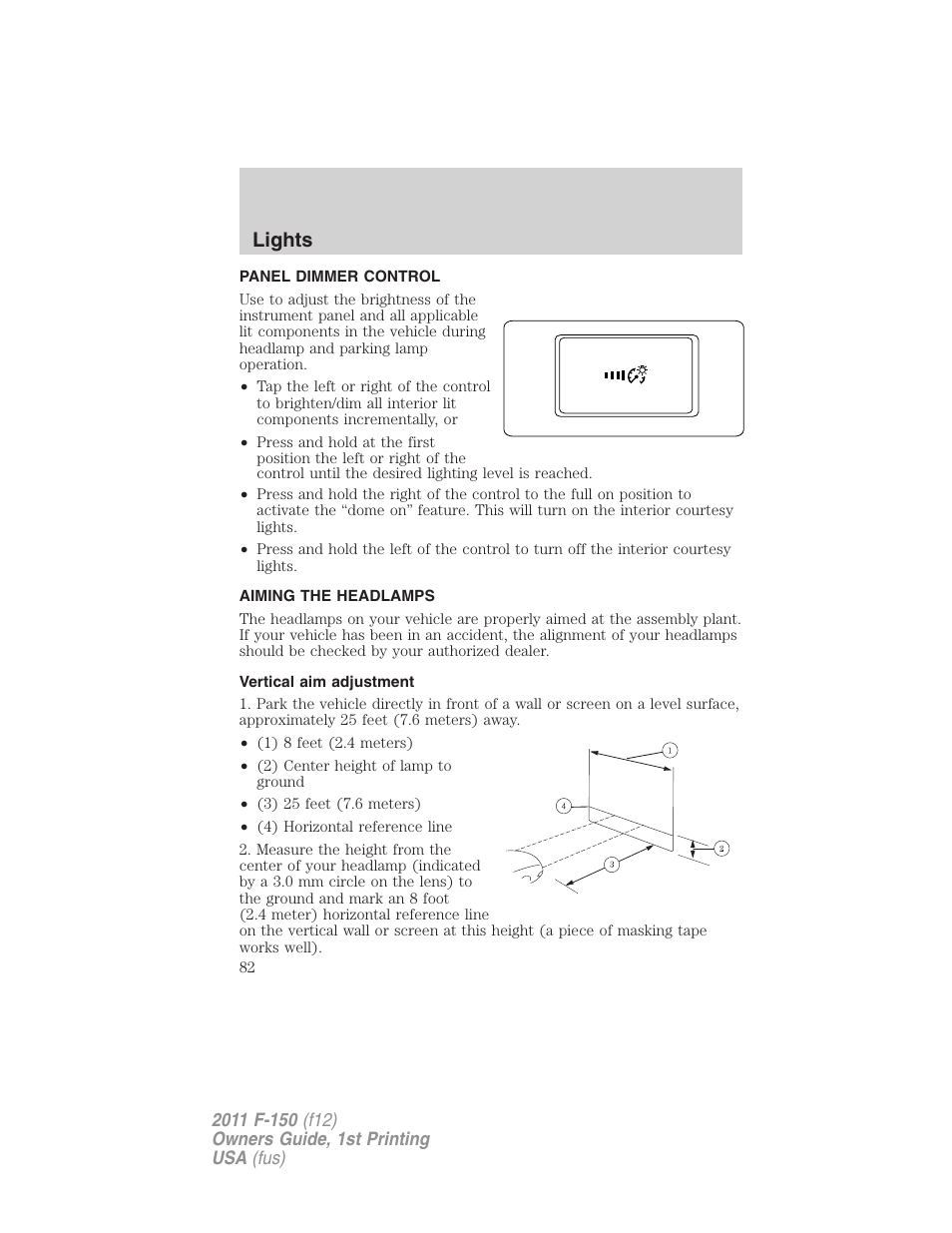 Panel dimmer control, Aiming the headlamps, Vertical aim adjustment | Lights | FORD 2011 F-150 v.1 User Manual | Page 82 / 461