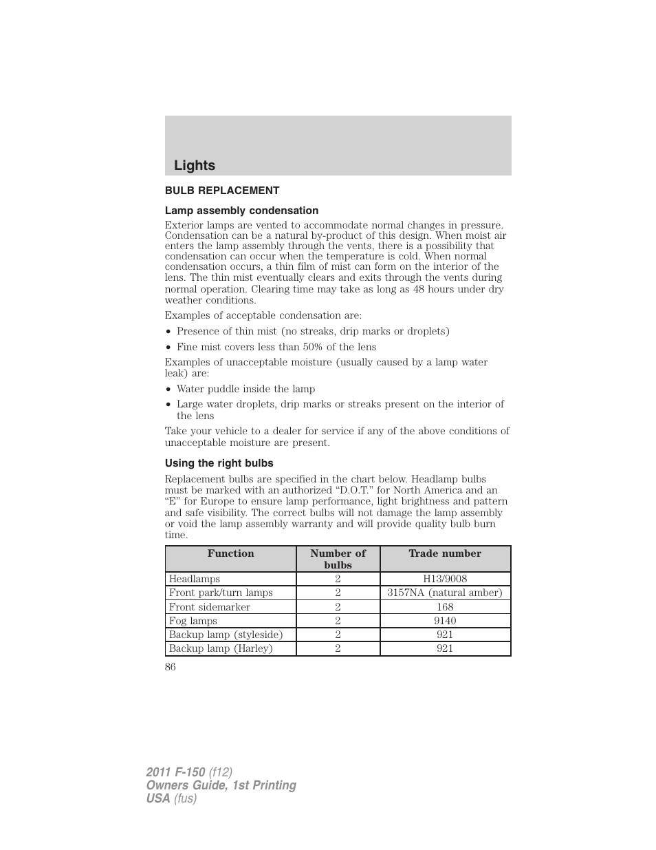 Bulb replacement, Lamp assembly condensation, Using the right bulbs | Lights | FORD 2011 F-150 v.1 User Manual | Page 86 / 461