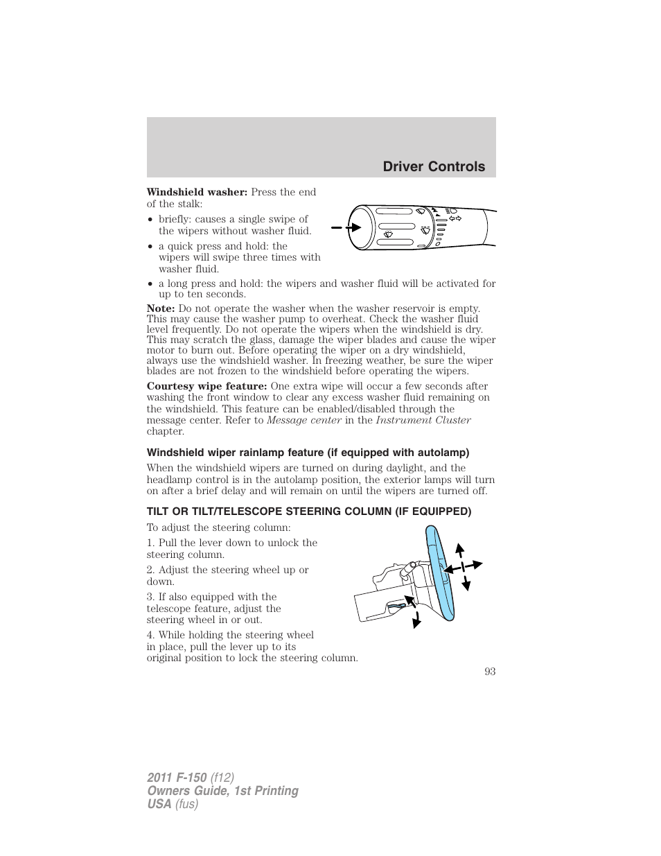 Steering wheel adjustment, Driver controls | FORD 2011 F-150 v.1 User Manual | Page 93 / 461