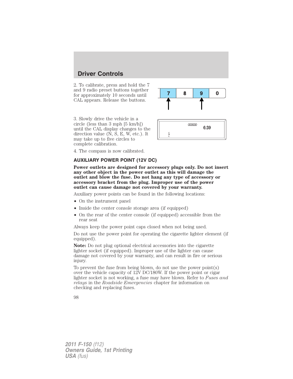 Auxiliary power point (12v dc), Driver controls | FORD 2011 F-150 v.1 User Manual | Page 98 / 461