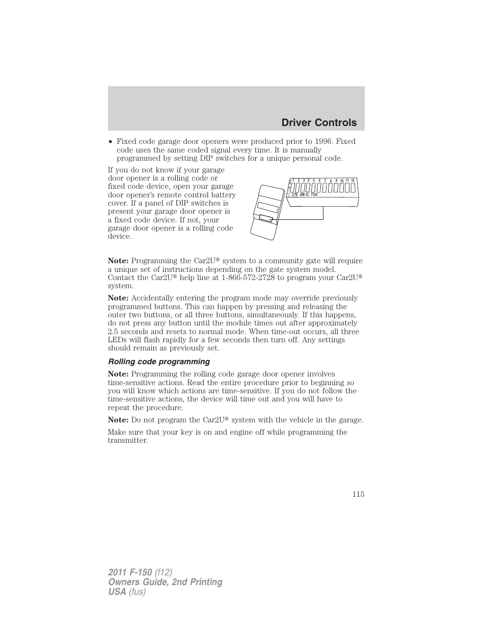 Rolling code programming, Driver controls | FORD 2011 F-150 v.2 User Manual | Page 115 / 460