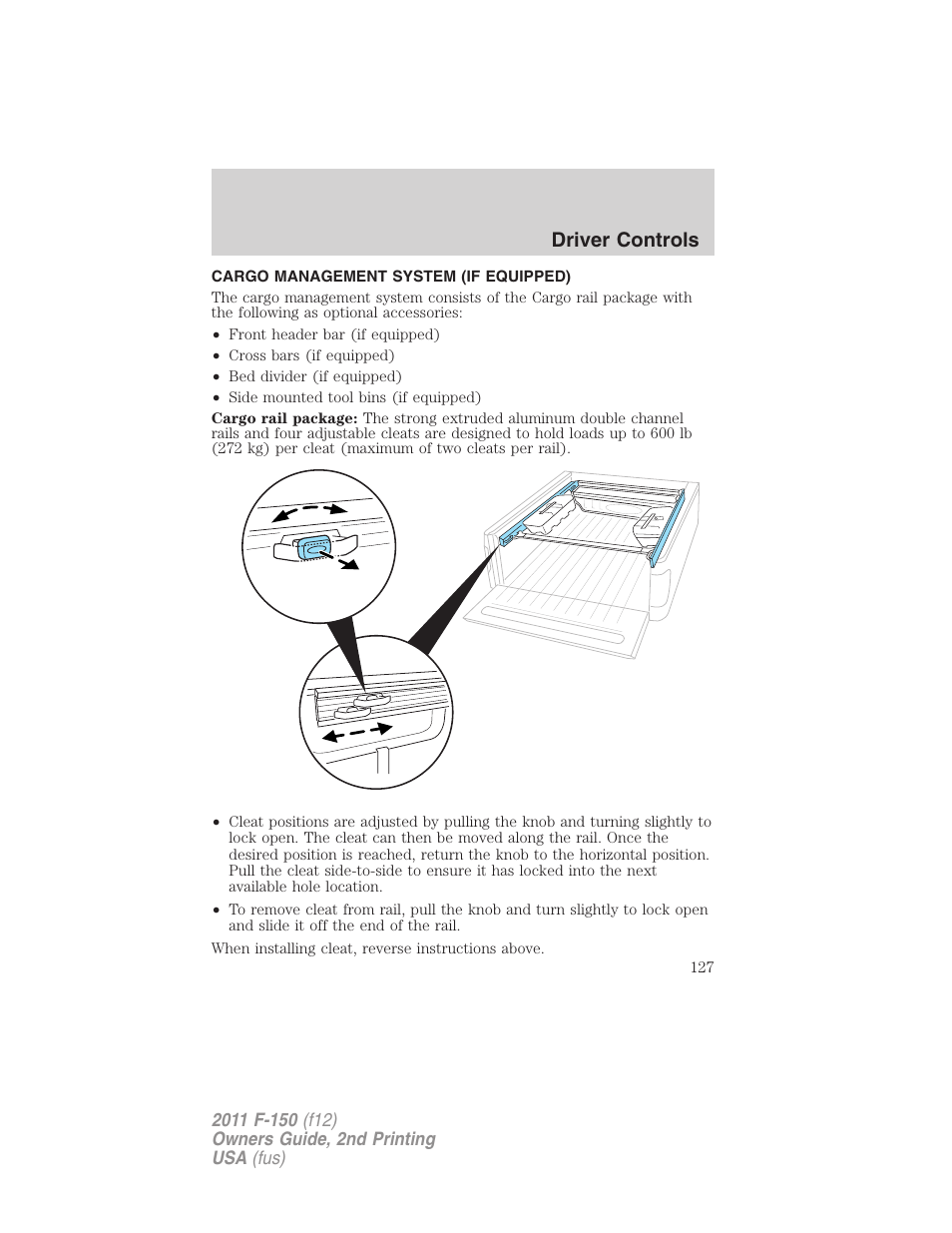 Cargo management system (if equipped), Driver controls | FORD 2011 F-150 v.2 User Manual | Page 127 / 460