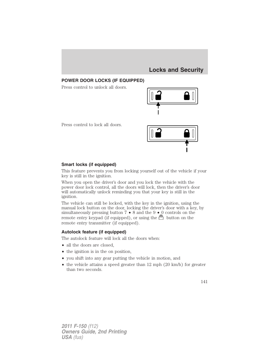 Power door locks (if equipped), Smart locks (if equipped), Autolock feature (if equipped) | Locks, Locks and security | FORD 2011 F-150 v.2 User Manual | Page 141 / 460