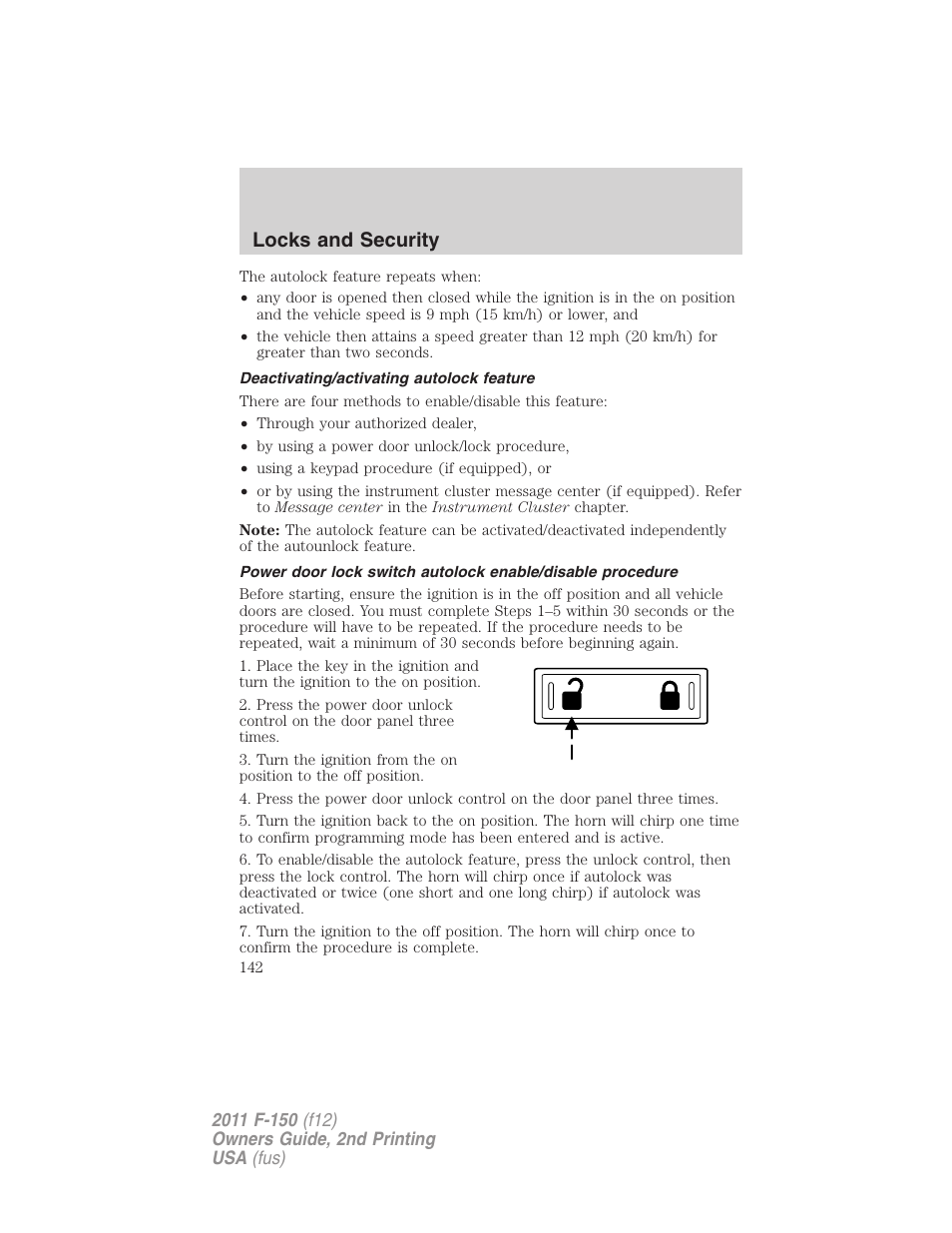 Deactivating/activating autolock feature, Locks and security | FORD 2011 F-150 v.2 User Manual | Page 142 / 460
